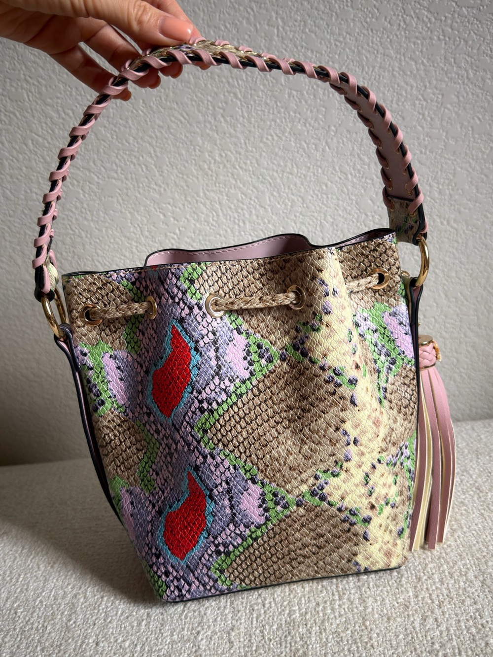 Aldo Pink-Handled Snake-Print Bucket Bag with Red Accents